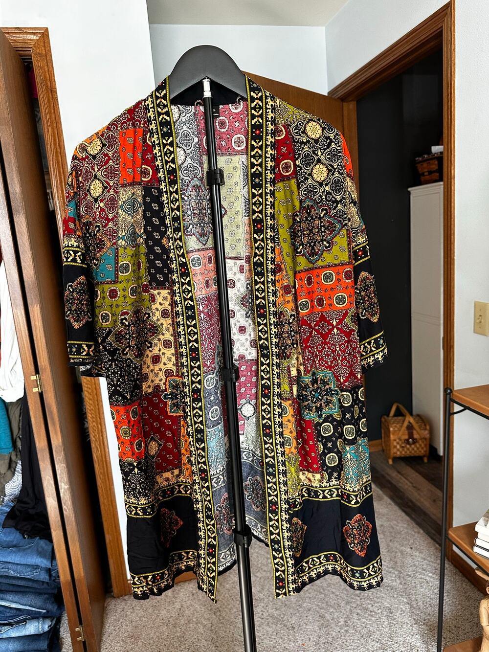 Boho Patchwork Print Kimono Cardigan Open Front Long Maxi Duster Jacket Top 0XL